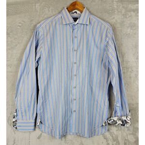Hammer Made Dress Shirt Men 16.5-42 Blue White‎ Striped Paisley Trim Button Up